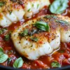 Pan Seared Cod in White Wine Tomato Basil Sauce