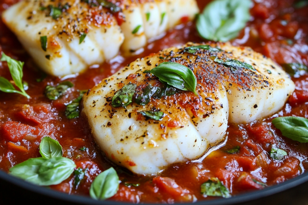 Pan Seared Cod in White Wine Tomato Basil Sauce