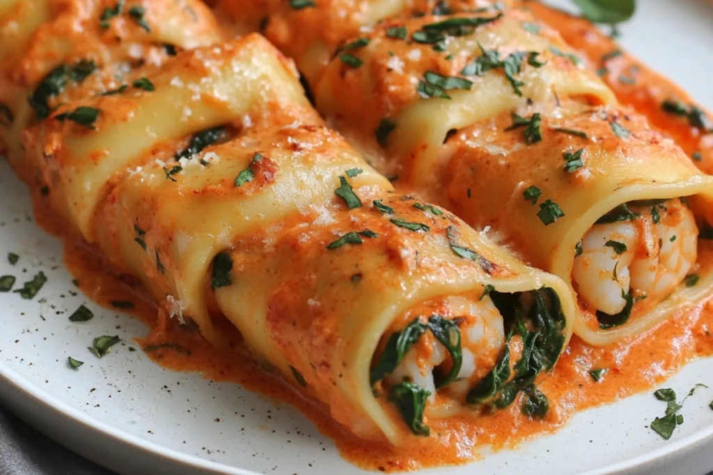 Shrimp and Spinach Stuffed Pasta Rolls with Roasted Red Pepper Cream